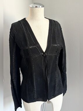 Black leather patchwork cardigan jacket with embroidered lace trim